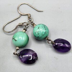 Turquoise and Amethyst Beaded Drop Hook Earrings